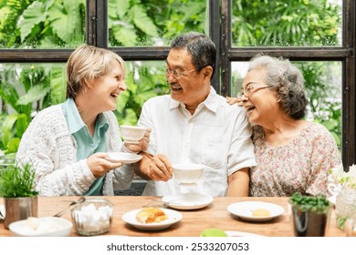 Three seniors enjoying tea and laughter. Diverse group of elderly friends sharing a joyful moment. Seniors, tea, and laughter in a cozy setting. Happy diverse senior friends enjpy tea time together - Powered by Shutterstock