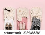 Three sets of clothes. Capsule wardrobe. Fashion Look. Jumpers with jeans and shoes. Fashion spring, autumn or winter outfit.  Women
