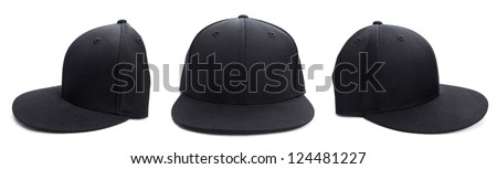 Three shots of a fitted black hat from different angles isolated on a white background.
