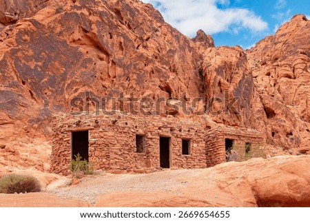 Three side-by-side historic stone cabins build in 1935, Valley of Fire State Park, NV