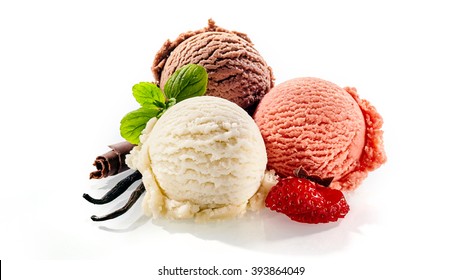 Three Single Scoops Of Strawberry Vanilla And Chocolate Dessert Decorated With Cut Fruit And Mint Leaves On A White Background