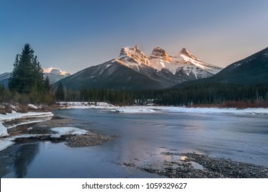 Three Sister mountain during the evening, beautiful canadian rocky mountains, Canmore, Canada