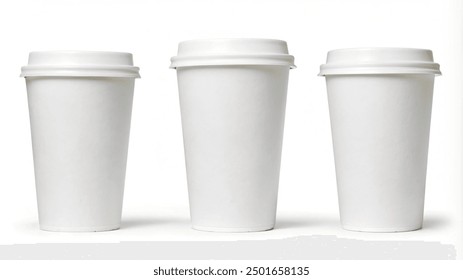 Three sizes blank take away coffee cups isolated on white background including clipping path. Blank takeaway medium coffee cup mockup or mock up template side view isolated on white background 