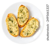 Three slices of garlic bread with fresh parsley on a white ceramic plate isolated on white. Top view.