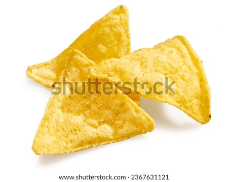 Three slices nachos, close up on white background