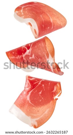 Three slices of prosciutto falling softly isolated on transparent background, high detail, no shadow