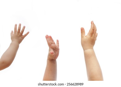 Three Small Babies Raise Hands On A Isolated White Background, Baby, Child, Kid, Toddle, Infant, Five Fingers, Up, Reach, Wish, Show