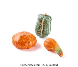 Three small decorative pumpkins of different colors on a white background