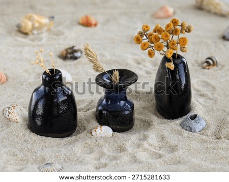 Three small handmade ceramic vases with dried flowers arranged on natural sand with seashells. Minimalist still life composition inspired by coastal aesthetics, slow living, and wabi-sabi design. Natural textures and earthy tones create a calm, organic mood.