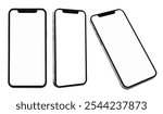 Three smartphones with blank screens. Smartphones are angled differently. Blank screens. Modern smartphone design with blank display. Smartphones with blank screens. Smartphone element set.