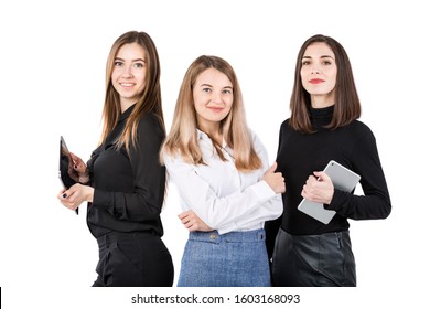 Three Smiling Business Women Standing In A Row Isolated On White Background. Business Group People. Happy Business Team. Businesspeople Isolated On White Background.