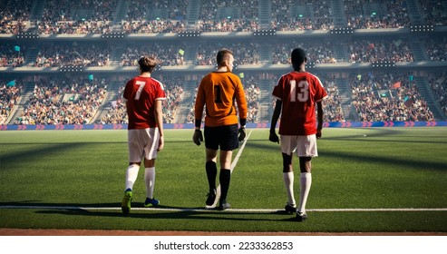 Three soccer players entering soccer field on the professional stadium. They are exiting the shadow. Sunny weather. Animated crowd. - Powered by Shutterstock