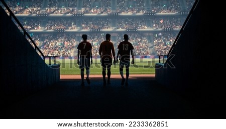 Three soccer players entering soccer field on the professional stadium. They are exiting the shadow. Sunny weather. Animated crowd.