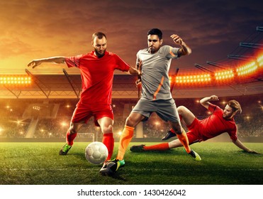 Three Soccer Players Fight For A Ball. Tough Competition.  Slide Tackle. Soccer Stadium (3D Render)