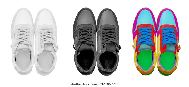 Three Sports Shoes Of The Same Model And Different Colors. Sneaker Mockup Isolated On White Background.