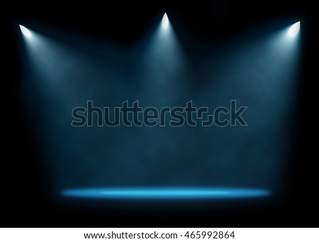 Three spotlights illuminating empty stage background. Raster illustration lightning template.