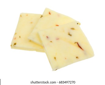 Three Squares Of Fresh Pepper Jack Cheese Isolated On A White Background.