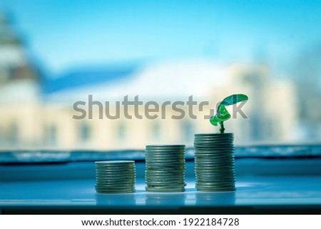 Three stacks of coins in the form of steps, on the last one there is a green sprout. Business development concept