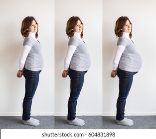 three stages of pregnancy. a concept of development of a foetus in mother's belly. Smiling pregnant woman posing on a white wall background. Pregancy concept.
