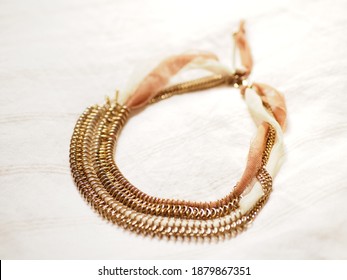 Chain​ Three  Stand Three​ Tone​ Sheer​ Ribbon​ Necklace​