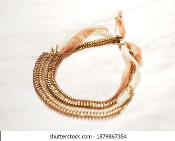 Chain​ Three  Stand Three​ Tone​ Sheer​ Ribbon​ Necklace​