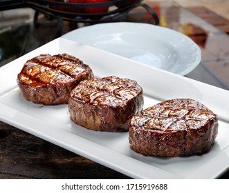 Three Steaks Roasted On The Grill, Filet Mignon Medallions