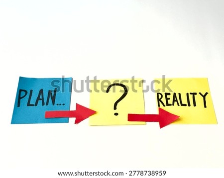 Three sticky notes show 'PLAN', '?', 'REALITY' with red arrows. Concept illustrates gap between plans and actual outcomes. Used in business, project management, or motivational contexts.