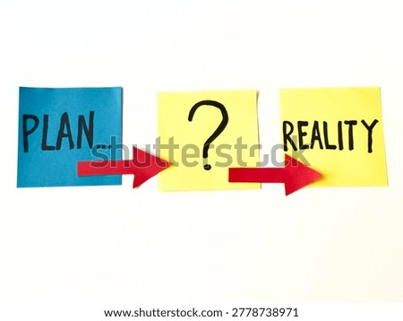 Three sticky notes show 'PLAN', '?', 'REALITY' with red arrows. Concept illustrates gap between plans and actual outcomes. Used in business, project management, or motivational contexts.