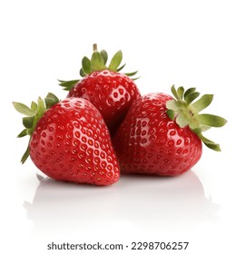 Three strawberries close view, Fresh strawberries isolated on white background.