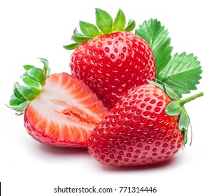 Three strawberries with strawberry leaf on white background. - Shutterstock ID 771314446
