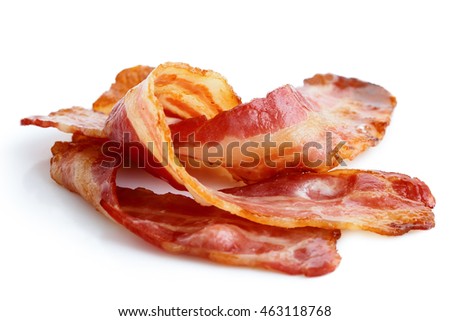 Three strips of fried crispy bacon isolated on white.