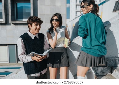 Three students chat and review notes while standing on a rooftop near campus buildings. The friends laugh and study together outdoors in casual school outfits, students.