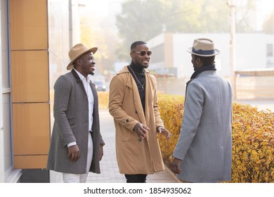 Three Stylish African Friends In Hats Talks In A City Street