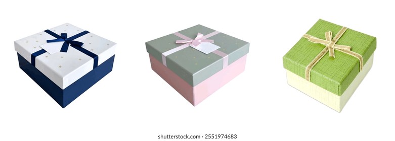 Three stylish gift boxes featuring varied designs, including a navy blue and white box with stars, a pastel green and pink box with a ribbon, and a textured green box with twine. - Powered by Shutterstock