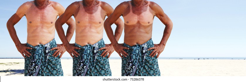 Three Sunburned Man With Their Preferred Undergarment Exposed By Their Sun Tan Imprint On Their Body At A Clear Sunny Beach.