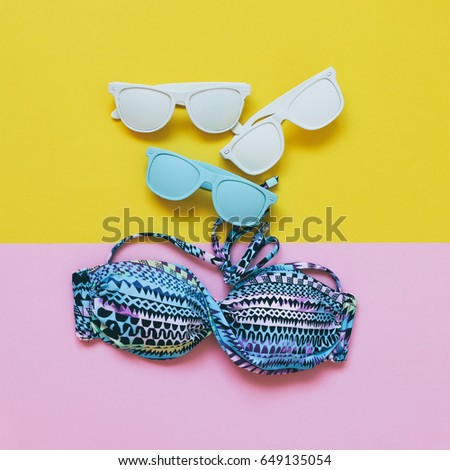 three sunglasses and women's swimsuit for swimming. fashionable summer