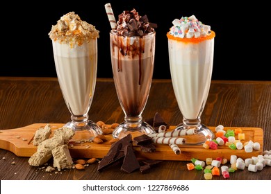 Three Sweet Milkshakes Chocolate Marshmallow Halva Stock Photo ...