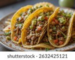Three tacos with meat and vegetables on a plate. The tacos are piled on top of each other