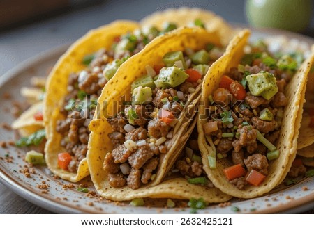 Three tacos with meat and vegetables on a plate. The tacos are piled on top of each other