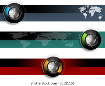 Three technological banners or backgrounds with globe and map