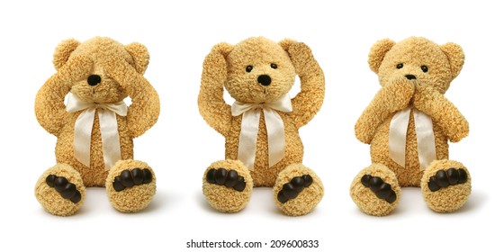 Three teddy bears see hear speak no evil, child abuse concept 