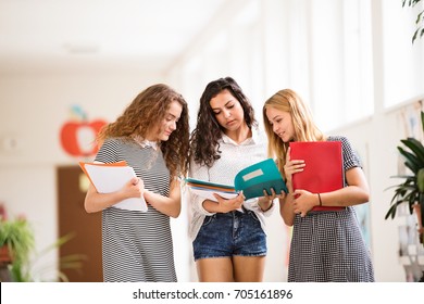 Three Teenage Girls In High School Hall During Break.