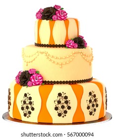 Three Tier Cake With 3 Layer Decorated Chocolate Rose And Flowers. Birthday Or Wedding Tired Pie Orange And Yellow Slice For Event Or Holidays On White Background. Sweet Food On Dish Isolated