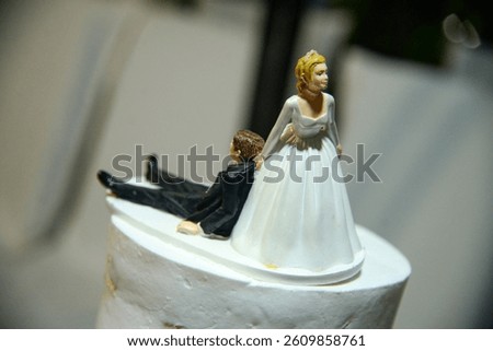 Three tiered white rustic looking wedding cake. Decorated with roses with humorous figures of newlyweds on top