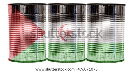 Three tin cans with the flag of Western Sahara on them isolated on a white background.