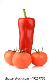 Three tomato and red pepper. On a white background.