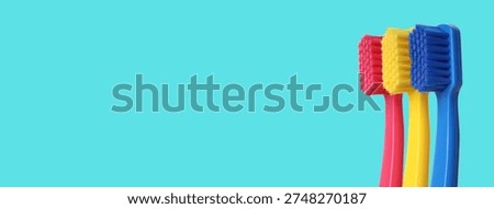 Three toothbrushes stand in a row on a bright background