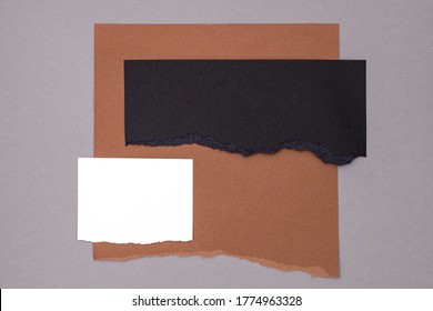 Three torn sheets of white, black and brown, paper stripes of a notebook for advertising and text