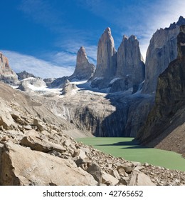 The Three Towers at Torres del Paine National Park, Patagonia, Chile. View from Mirador de Las Torres.