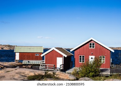 Three Traditional Huts Outside Hunnebostrand, Bohuslän, Sweden